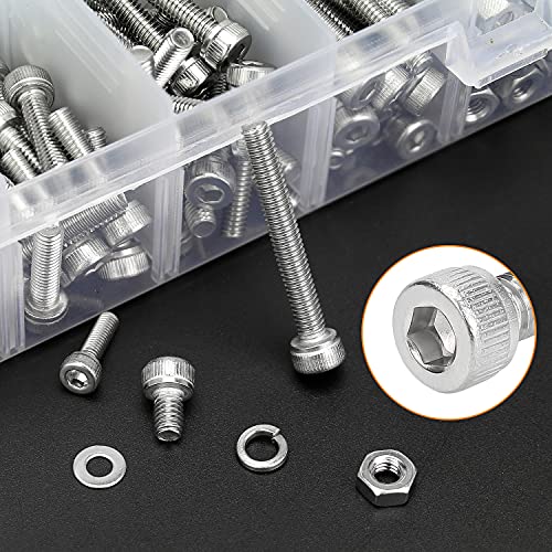 HELIFOUNER 1500 Pieces M2 M3 M4, 304 Stainless Steel Hex Socket Cap Metric Screws Bolts Washers Nuts Hardware Assortment Kit with Hex Wrenches - style: Socket Head