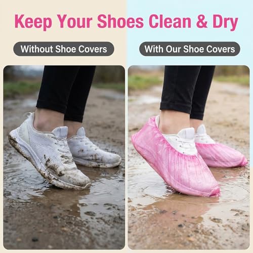 50Pairs/100PCS Disposable Plastic Anti-Slip Shoe Covers- Overshoes Carpet Protection Floor Protectors (Pink)