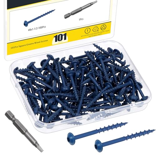100Pcs Pocket Hole Screws, #8 x 1-1/2" Anti-Rust Blue Coated Exterior Wood Screws, Coarse Thread Washer Head Square Drive, 50MM Drive Bit Included - size: #8 x 1-1/2"