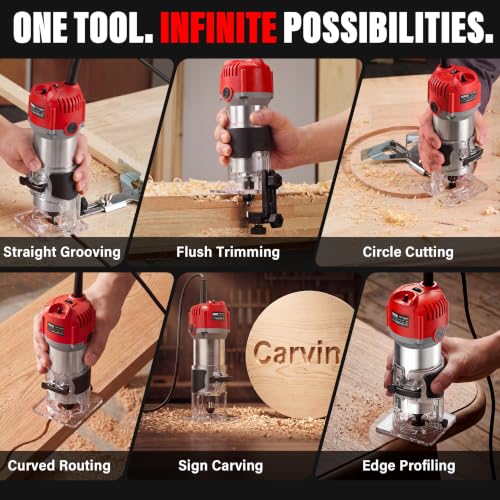 TEENO Wood Router Tool, 6.5 Amp 1.25 HP Wood Routers for Woodworking, 6 Variable Speeds, Aluminum 1/4" Compact Router With 15-Pc Tungsten Carbide Router Bits, Edge & Roller Guides, Carrying Case - color: Silver Red