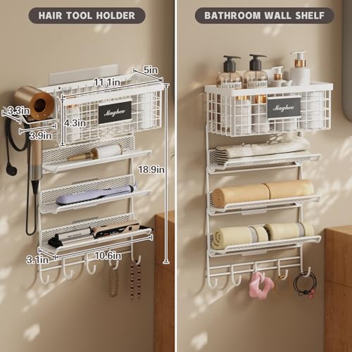 Magheo Hair Dryer Holder Wall Mounted, Adheisve Hair Styling Tool Organizer for hair Brush/Appliance Wall Mount with 5 Tier Shelf Basket Hooks Blow Dryer and Straightener Holder for Bathroom(White) - color: White