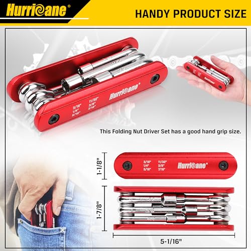 HURRICANE 6 in 1 Folding Nut Driver Set SAE, Hex Nut Driver Set, Cr-V Steel Shank. Premium Portable Premium Aluminum Handle. Easy to Carry Out, 3/16, 1/4, 5/16, 11/32, 3/8, 7/16 inch - size: 4.8mm, 6.4mm, 7.9mm, 8.7mm, 9.5mm, 11.1mm