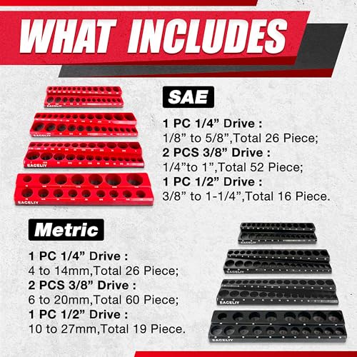 Magnetic Socket Organizer Set, 1/2", 1/4" and 3/8" SAE & Metric Deep & Shallow Tools Tray Holder Kit, holds 199pcs Sockets (sockets not included) (8PC 1/2&3/8&1/4) 丨8PCS - size: 8PC 1/2&3/8&1/4