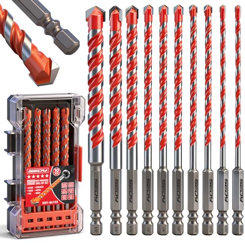 10-Piece Masonry Drill Bit Set, 6-Inch Carbide Tipped Concrete Drill Bits with Hex Shank for Brick, Cement, Tile, Wood and Light Metal, Fast Drilling and Chip Removal