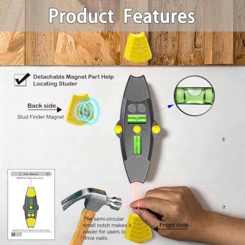 3-in-1 Magnetic Stud Finder with Laser, Wall Scanner with 2 Detachable Magnetic Positioning Modules & 4 Wooden Surface Locator Pins, Stud Finder Leveler Tool for Home Renovation Inspection. (Black) - color: Black