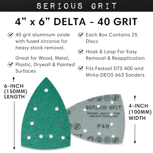 Serious Grit - 4" x 6" Delta P40 Grit Sanding Sheets - 25 Pack Box | Fits Festool DTS 400 & Mirka DEOS Delta Sanders - Heavy-Duty Hook & Loop Wet/Dry Film Sandpaper for Detail Work - size: 40 Grit