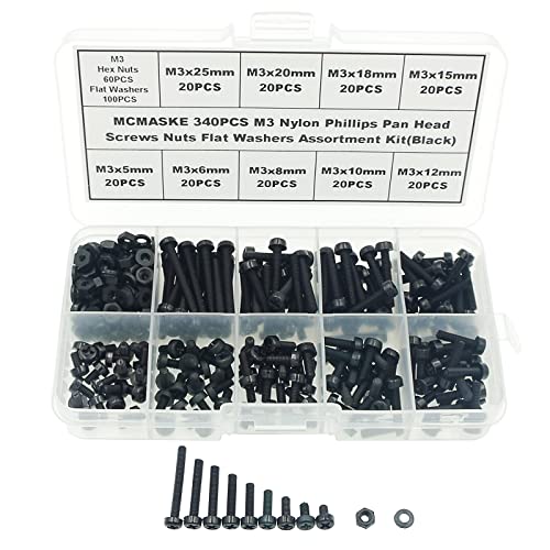 Metric M3 Phillips Pan Head Nylon Screws Nut Washer Assortment Kit,Screws Length:5mm to 25mm(Black) - size: M3