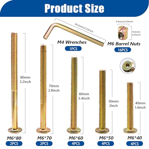 Taiss Crib Screws M6x40mm/ 50mm/60mm/70mm/80mm 16 Set Baby Bed Crib Screws Hardware Replacement Kit,Bed Frame Bolts,Baby Crib Parts Hex Socket Cap Screws and Barrel Nuts/Wrenches for Beds Furniture - color: Bronze