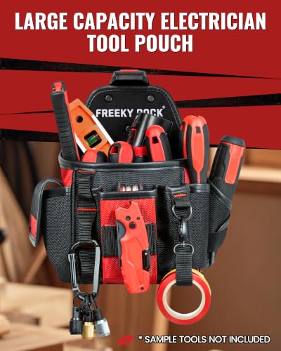 Electrician Tool Pouch with Quick Detach Belt Clip, Heavy Duty Tool Belt Pouches with Notebook Pocket, Tape Measure Holder & Screwdriver Loops for Carpenter, Contractor, HVAC Tech & DIY - size: Large Pouch with Belt