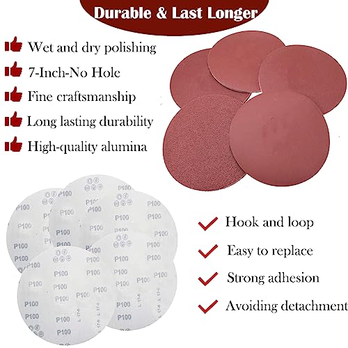 Tonmp 50 PCS 7 Inch Sanding Discs Set - 60 80 120 180 240 Grits Sandpaper, 7" Hook-and-Loop Aluminum Oxide Abrasive Sander Paper for Random Orbit Floor Drywall Sander