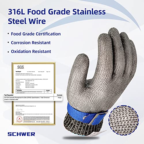 Schwer SlicePro ANSI A9 Cut Resistant Glove PR1706, Stainless Steel Mesh Metal Glove, Food Grade for Kitchen Cooking, Butcher Meat Cutting, Oyster Shucking, Mandoline, Fishing, (M, 1 PCS) - size: Medium (Pack of 1), style: 1.0 Steel Wire