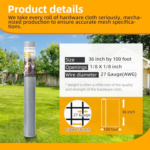 AggFencer 36in x 100ft Hardware Cloth 1/8 inch 27Ga Chicken Coop Wire Fence - size: 36in x 100ft