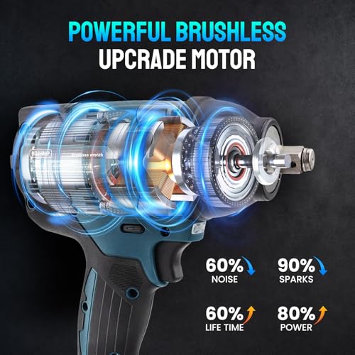 Cordless Impact Wrench 1/2 Inch, Brushless Impact Gun 1500 N.m/1106ft-lbs - color: Blue With Battery