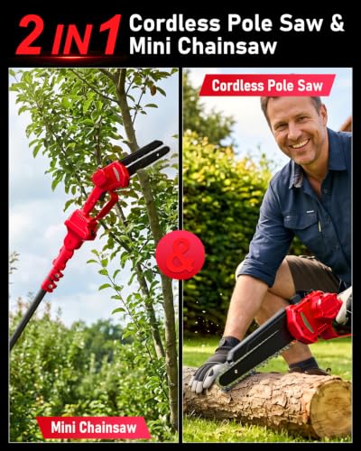 2-in-1 Electric Pole Saw 6“ Mini Chainsaw Cordless Brushless 2x4.0Ah Batteries Fast Charger Telescopic Power Pole Saw Tree Trimmer Limb Branch Cutter Pruner 16 Ft Max Reach Multi-Angle Red - color: Red-2 Batteries