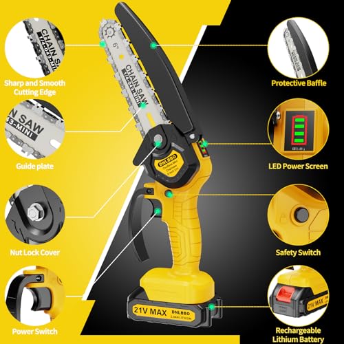 Mini Chainsaw - 6 Inch Battery Chainsaw with Power Display, 2 Batteries Included, Garden Tool for Tree Branch Trimming & Wood Cutting, Ideal Holiday Gifts for Men, Fathers & Gardening Enthusiasts - color: Yellow03