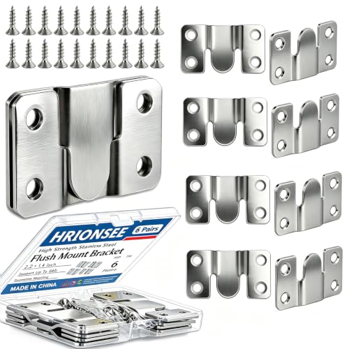 Flush Mount Brackets 6 Pairs Heavy Duty with Screws- 66lb Interlocking Hangers for Picture Frames, Headboard & Furniture, Stainless Steel Seamless Wall Mount Hardware (56x30mm) (Silver)