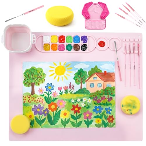Zimuvora Silicone Painting Mat Set, Paint Mats for Kids with Foldable Silicone Cup, 4 Detail Paint Brushes, 2 Sponge Pads, Apron & Mixing Tool, Washable Art Table Mat (Pink) - color: Pink