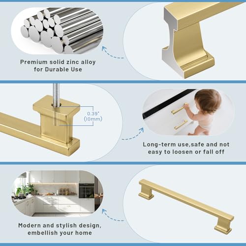 KNOBWELL 6 Pack Brushed Gold Solid Cabinet Pulls 6-3/10 Inch(160mm) Hole Center Kitchen Cabinet Handles,Cabinet Hardware for Cupboard Drawer Pulls - color: Brushed Gold, size: Hole Center：6-3/10 inch（160mm）