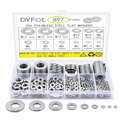 897 Pcs Stainless Steel Flat Washers for Screws, 304 Stainless Steel, Assorted Sizes (M2 M2.5 M3 M4 M5 M6 M8 M10 M12) for Industrial Use, Washers for Bolts (897, M2-12)