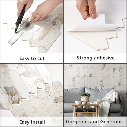 Vamos Tile Glossy Pandora Marble with Gold Veining Backsplash Tile Peel and Stick, 12.8 x 12.8 Inch 10 Sheets Long Hexagon PVC Self Adhesive Mosaic Tiles Stick on Backsplash for Kitchen and Bathroom - color: Glossy Pandora Marble with Gold Veining