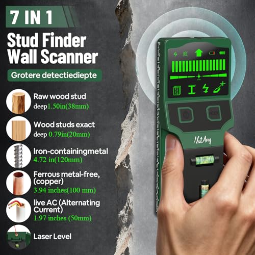 Stud Finder Wall Scanner - 7-in-1 Electronic Stud Detector with HD LCD Display, Detects Wood, Metal, AC Live Wire, Joists & Pipes, Wall Scanner with Laser Level & Bubble Level Ruler