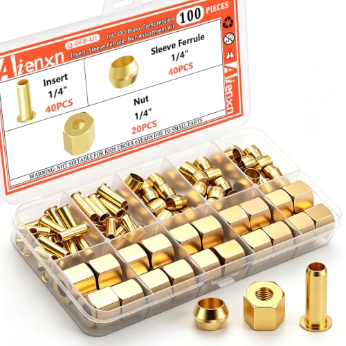 100PCS 1/4" Brass Compression Fittings Assortment kit, Insert, Sleeve Ferrule, Nut for Connecting air, Fuel, Water, Oil and inert Gases Lines - size: 1/4" (100PCS), style: Compression Fittings