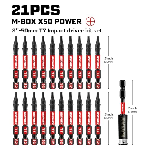 Geinxurn 20Pieces 2inches T7 Impact Tough Magnetic Screwdriver Bit Set, #7 Torx Head Power Bits, S2 Alloy Steel Star Bits with 1pc Bit Holder and Storage M-Box - color: 21 Pcs, size: T7 - 2 in