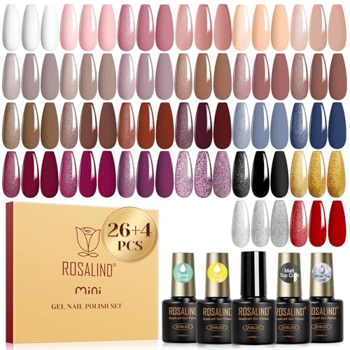 ROSALIND 30pcs Winter Brown Gel Polish Nail Set with Base Gel Top Coat | Glossy Matte and Glitter Top Coat,26 Fall Winter Colors Gel Nail Polish, Soak Off,Nail art for Women - color: Warm Color
