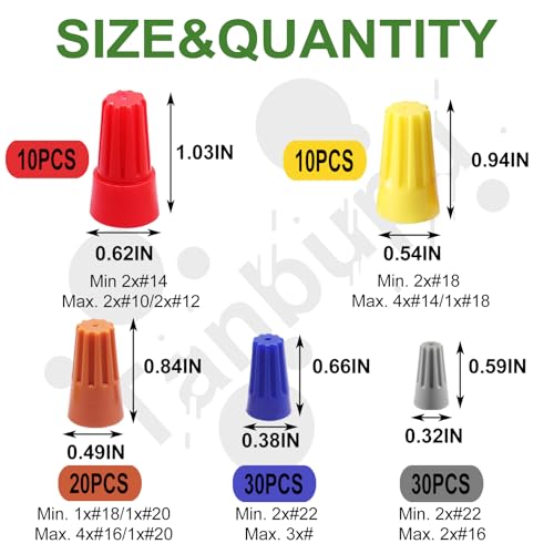 100PCS Electrical Wire Caps Wire Connectors Nuts Kit, 22-10AWG Insulating Insert Twist Wire Connectors with Spring, Screw on Terminals Assortment Set Quick Connection - size: 100pcs
