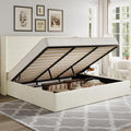 Allewie King Size Chenille Lift Up Hydraulic Storage Bed Frame Cream White - color: Cream White, size: King, style: Modern
