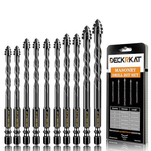 DECKRKAT Upgraded Black 4-Flute Serrated Masonry Drill Bit Set - 10-Piece Set (3/16" to 1/2") for Concrete, Tile, Glass, Brick, Ceramic, Plastic - size: 10 Piece (3/16"-1/2"), style: 4-Flute Serrated Drill Bit