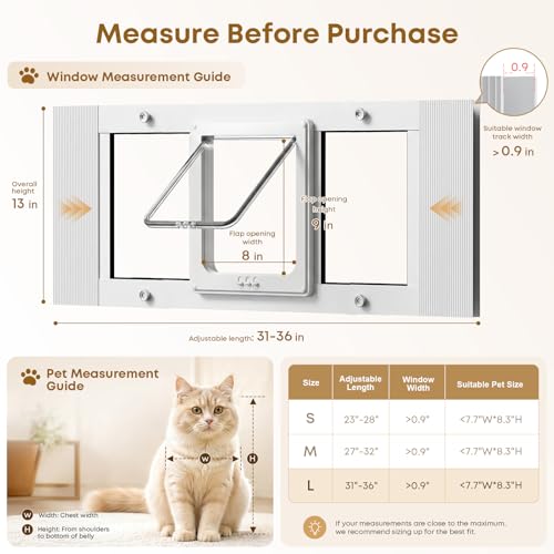 Cat Door for Window, Adjustable 31"-36", 4 Locking Modes + Extra Security Lock for Outside Safety, Window Pet Door with Magnetic Self-Closing, No-Drill Installation, Weatherproof Aluminum Frame Insert - size: 31-36 inches