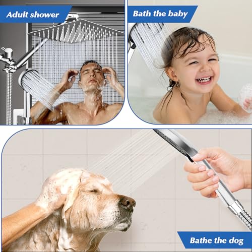 Shower Head,8”Rain Shower Head with Handheld Spray Combo with 11'' Angle Adjustable Extension Arm/Flow Regulator/Shower System,High Pressure Rainfall Shower Head Bathroom,Chrome - color: Silver01, size: 8 Inch