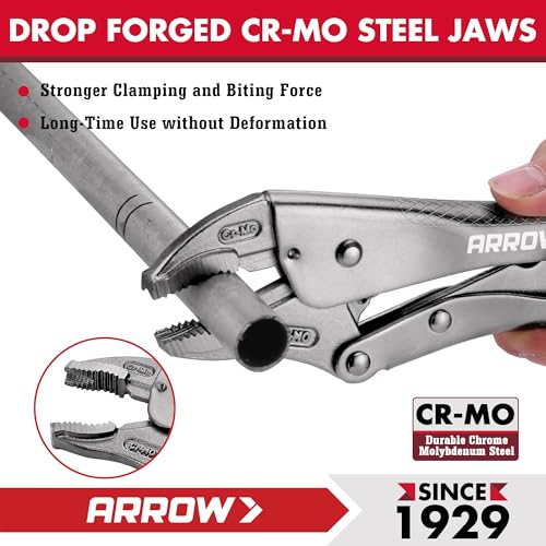 ARROW 10" Curved Jaw Locking Pliers with Screw Extractor | CR-MO Steel Pliers, Adjustable Screw, One-Hand Release, Anti-Slip Handle - size: 10 inch