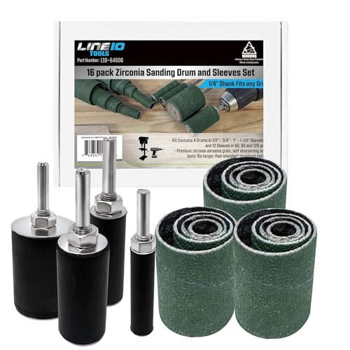 LINE10 Tools 28pk Zirconia Sanding Drum and Sleeves Set, Spindle Sander Attachment for Drill 2-inch Extra Long Surface, Ideal for Knife Making, Works on Stainless Steel