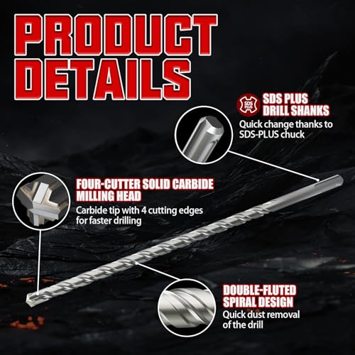 CSOOM SDS Plus Rotary Hammer Drill Bit 1/2"x12.2", Professional Concrete Drill Bit for Concrete, Brick, Stone and Cement Walls - size: 1/2"x12.2"