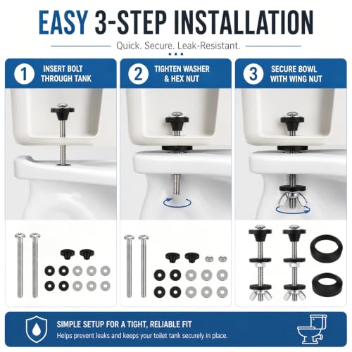 2 PCS Toilet Tank to Bowl Gaskets Kit, Universal Stainless Steel Heavy Duty Toilet Tank Bolts Replacement, Compatible with 2" & 3" Toilet Tank Seal Set, Easy Install Leak Repair