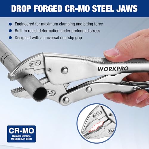 WORKPRO 5-Piece Locking Pliers Set, 5"/7"/10" Curved Jaw & 6.5"/9.5" Long Nose, CR-MO Steel Construction with Perforated Screw, Multipurpose Clamping Tool Kit for Automotive, Welding, and Home DIY