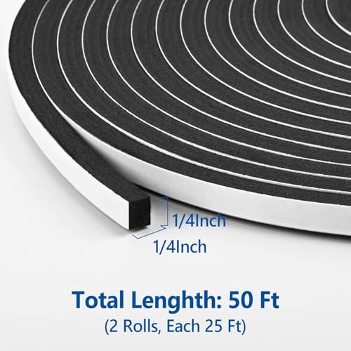 Kikerike Self Adhesive Foam Tape Weatherstrip 1/4In x 1/4In x 50Ft High Density Foam Insulation Strips Seal Weather Stripping with Strong Adhesive for Door and Window Sound Isolation Soundproofing - size: 1/4inx 1/4in x 50Ft