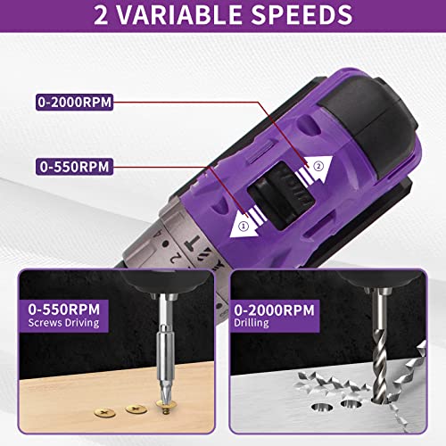 Purple Brushless Cordless Drill Set, 20V Compact Power Driver Kit with Electric Motor, 20+3 Torque Setting, 48 N.m, 2 Variable Speed, 23pcs Driver Bits, and Tool Box for Women Men Home DIY