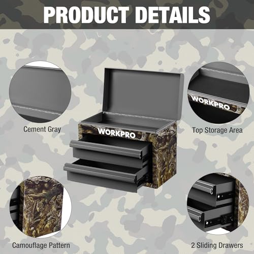 WORKPRO Metal Mini Tool Box with 2 Drawers and Top Storage - color: Green Camo