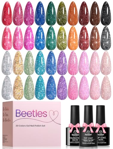 Beetles Glitter Gel Nail Polish Set, 20 Colors Party Auras Gel Polish | Platinum Diamond Shimmer Gel Shades With Base, Glossy&Matte Top Coats for Uv Led Soak-Off Nail Art - color: Party Auras