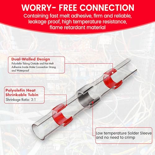 130 PCS Red Heat Shrink Butt Connectors,22-18 AWG, Self Soldering Butt Connector, Waterproof Solder Seal Wire Connectors, Butt Splice Wire Terminals for Automotive Marine Boat - size: AWG 22-18 (Qty: 130)