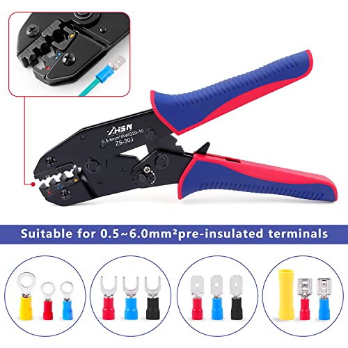 Zhushan Ratcheting Electrical Wire Crimper, 30J Crimping tool (AWG 20-10/0.5~6mm²) for Insulated Butt Bullet Spade Fork Ring Solderless Terminals, Ratchet Insulated Terminal Crimper - style: ZS-30J Crimping Tool