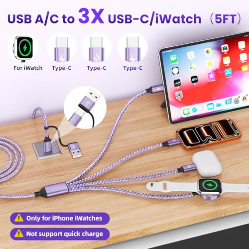 4in2 Multi Charging Cable for iWatch Charger/iPhone Charger/CarPlay Cable, Beach Travel Vacation Essentials, (2Pack 5FT) 3 X USB C/iWatch Charger Cords for iWatch 11-1/iPhone 17-15, Android Car - color: Purple_2, size: 2PCS&5FT
