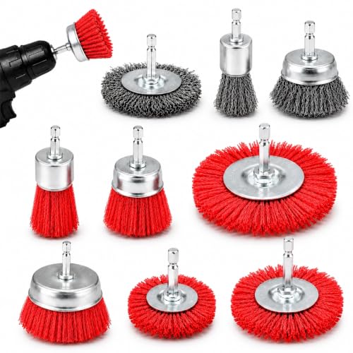 9-Piece Drill Brush Set, 6 Abrasive Nylon Brushes & 3 Wire Brushes for Drill, Wheel Cup and End Brushes with 1/4 Inch Hex Shank for Rust Removal, Paint Stripping and Surface Preparation