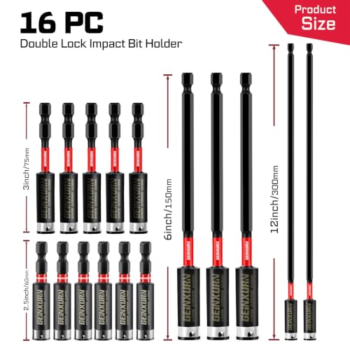 Geinxurn 16 Pieces Impact Magnetic Screwdriver Bit Holders (2.4", 3", 6", 12"), Extension Socket Drill Bit Holder S2 Alloy Steel Hex Shank Quick-Change Drill Bit Guide for Home Repair & DIY - style: MIXED-Bit Holder-16PCS
