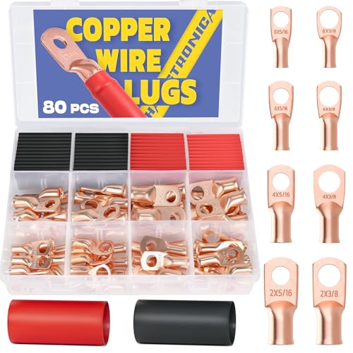 haisstronica 80PCS Battery Cable Lug & Heat Shrink Kit AWG 8/6/4/2 - size: Bare Copper, style: 80pcs