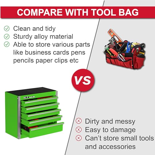 P.I.T. Mini Tool Box,Small Metal Toolbox Organizer with 5 Drawers,Green | 8.6"W X 4.6"D Cute Size,Q235 Steel,Magnetic Locking Mechanism,PVC Drawer Liners - color: Green, size: 5-Drawer