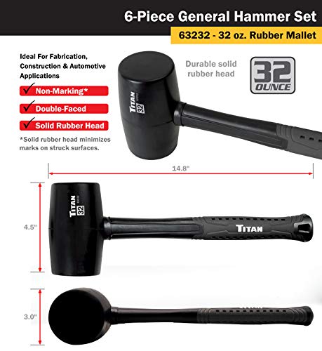 Titan 63136 6-Piece Hammer Set, Includes 16oz & 32oz Ball Pein, 32oz Rubber Mallet, 3lb Sledgehammer, 2lb Dead Blow & 3lb Cross Pein - style: 6pc Set Assorted